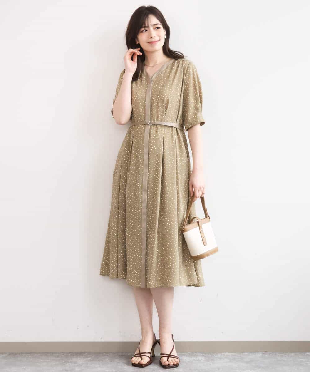 FIEGD19120 OFUON le MK(オフオン　ル　エムケー) ドット柄ウエストタックワンピース/洗濯機で洗える/WEB限定サイズあり モカベージュ