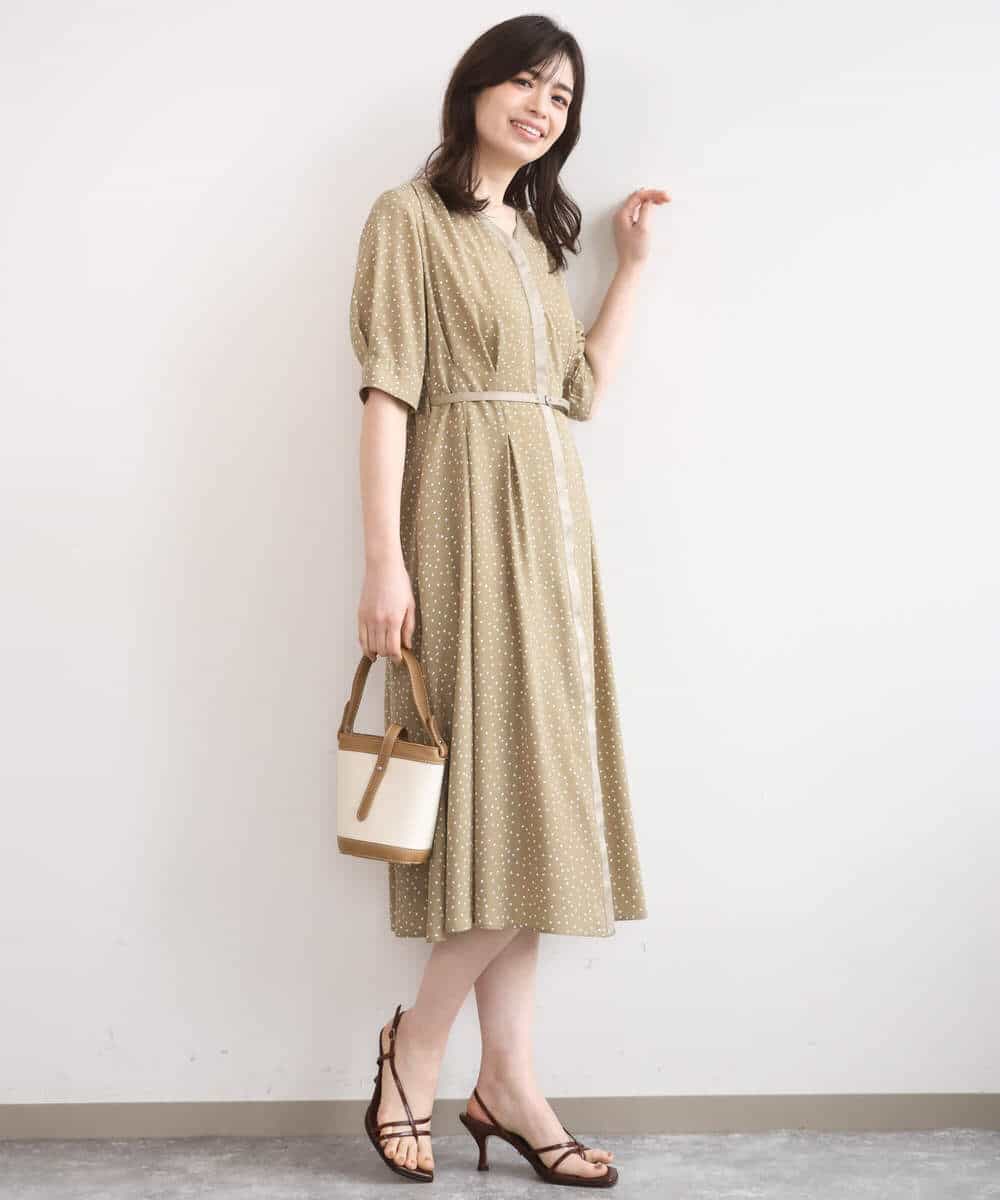 FIEGD19120 OFUON le MK(オフオン　ル　エムケー) ドット柄ウエストタックワンピース/洗濯機で洗える/WEB限定サイズあり モカベージュ