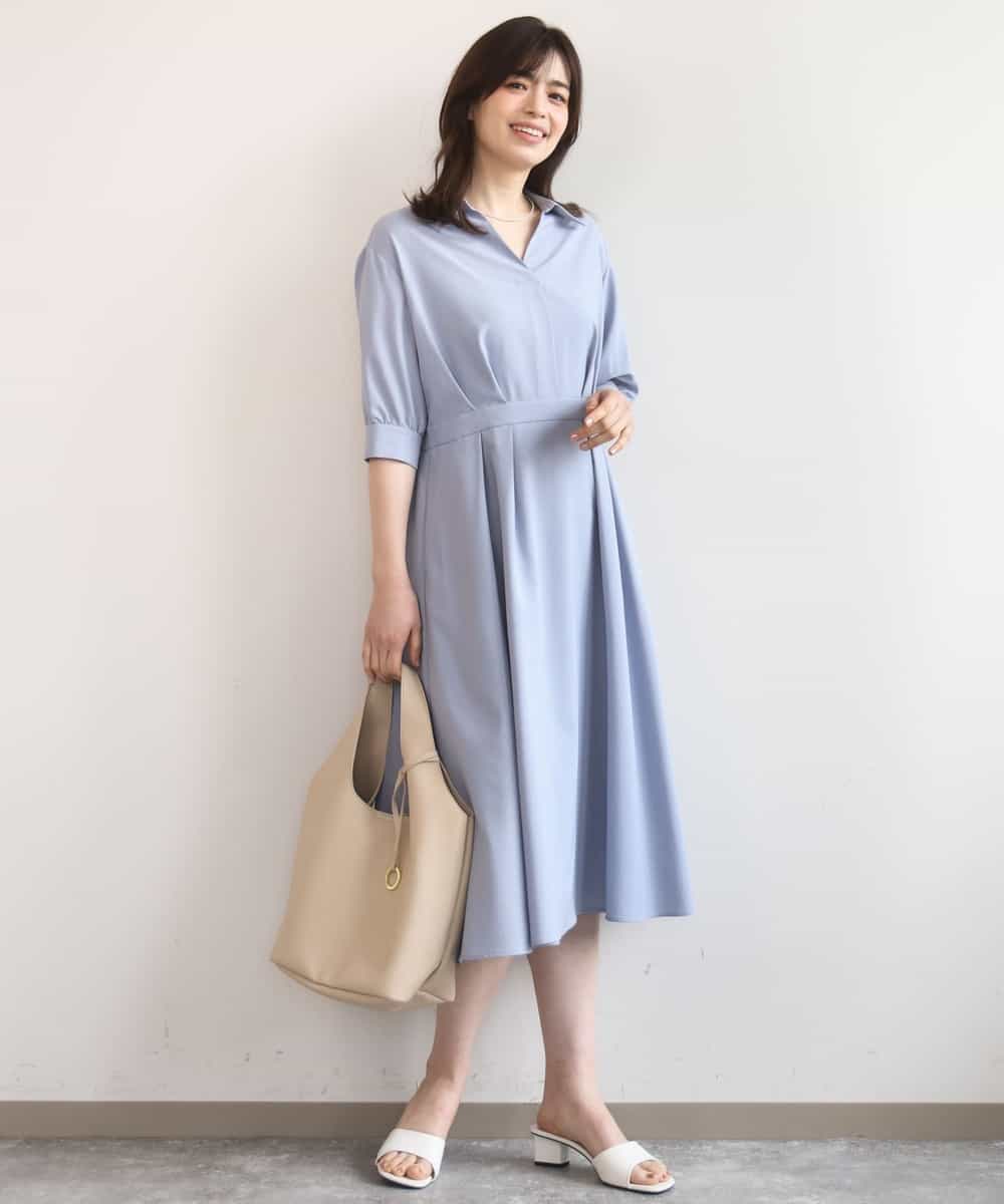 FIEGD22120 OFUON le MK(オフオン　ル　エムケー) 六分袖スキッパーワンピース/UVカット/洗濯機で洗える/WEB限定サイズあり ライトブルー