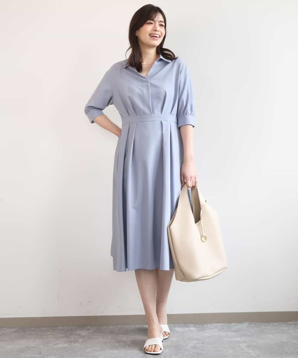 FIEGD22120 OFUON le MK(オフオン　ル　エムケー) 六分袖スキッパーワンピース/UVカット/洗濯機で洗える/WEB限定サイズあり ライトブルー