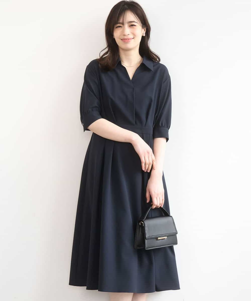 FIEGD22120 OFUON le MK(オフオン　ル　エムケー) 六分袖スキッパーワンピース/UVカット/洗濯機で洗える/WEB限定サイズあり ネイビー