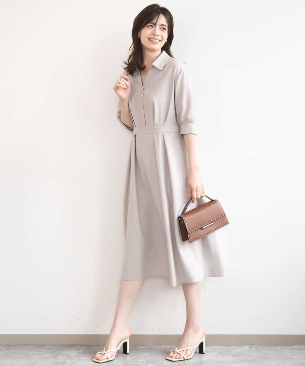 FIEGD22120 OFUON le MK(オフオン　ル　エムケー) 六分袖スキッパーワンピース/UVカット/洗濯機で洗える/WEB限定サイズあり ベージュ