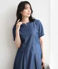 FIEGD24110 OFUON le MK(オフオン　ル　エムケー) 配色ステッチ デニムライクワンピース/洗濯機で洗える/WEB限定サイズあり ブルー