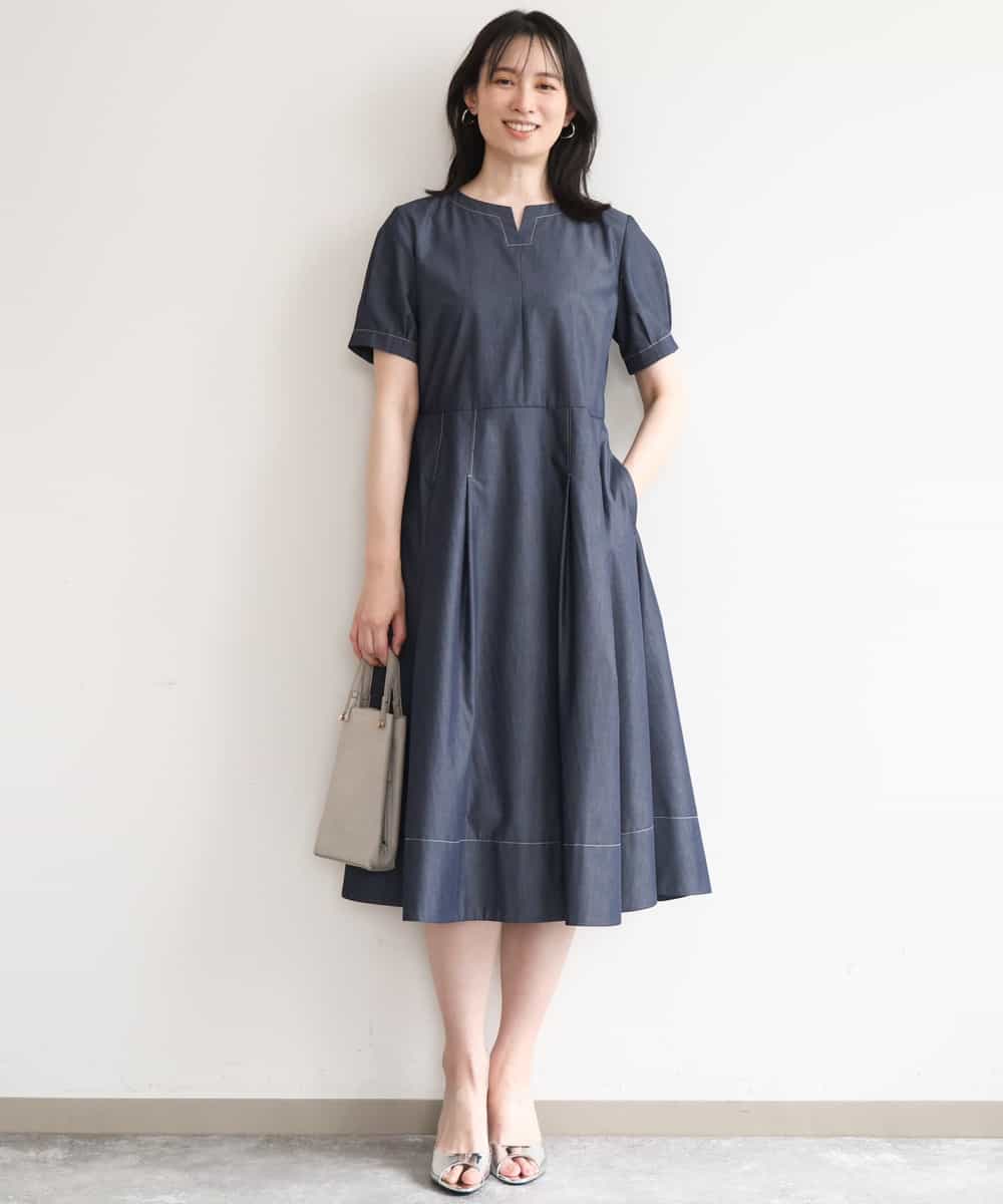 FIEGD24110 OFUON le MK(オフオン　ル　エムケー) 配色ステッチ デニムライクワンピース/洗濯機で洗える/WEB限定サイズあり ネイビー