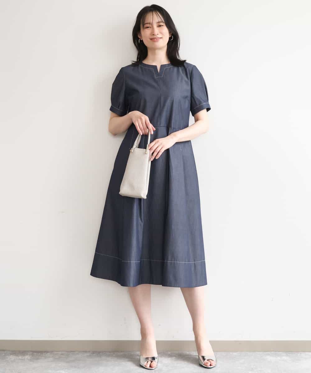 FIEGD24110 OFUON le MK(オフオン　ル　エムケー) 配色ステッチ デニムライクワンピース/洗濯機で洗える/WEB限定サイズあり ネイビー