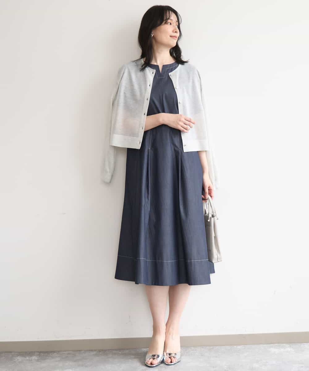 FIEGD24110 OFUON le MK(オフオン　ル　エムケー) 配色ステッチ デニムライクワンピース/洗濯機で洗える/WEB限定サイズあり ネイビー