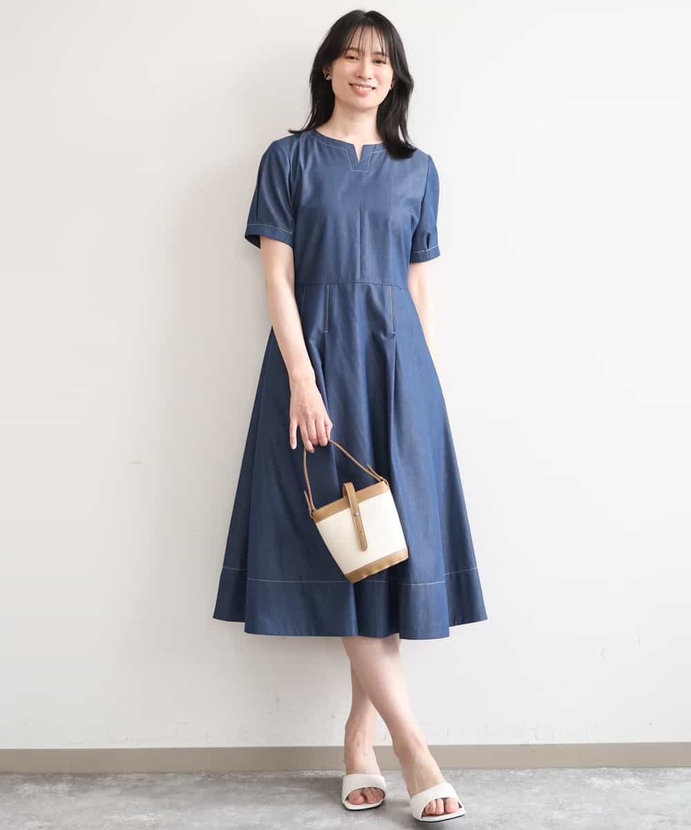 FIEGD24110 OFUON le MK(オフオン　ル　エムケー) 配色ステッチ デニムライクワンピース/洗濯機で洗える/WEB限定サイズあり ネイビー