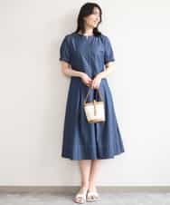 FIEGD24110 OFUON le MK(オフオン　ル　エムケー) 配色ステッチ デニムライクワンピース/洗濯機で洗える/WEB限定サイズあり ネイビー
