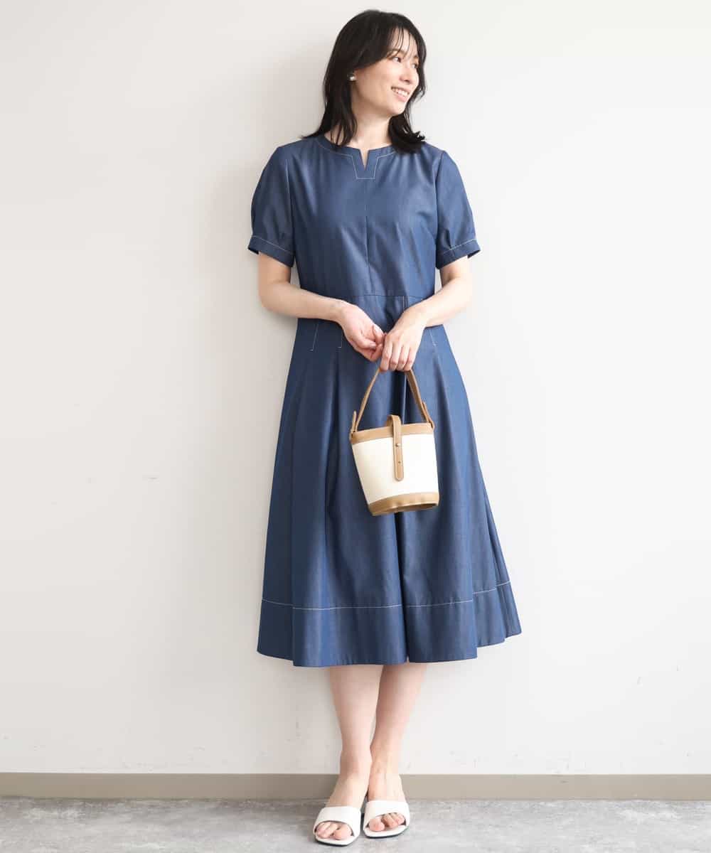 FIEGD24110 OFUON le MK(オフオン　ル　エムケー) 配色ステッチ デニムライクワンピース/洗濯機で洗える/WEB限定サイズあり ネイビー