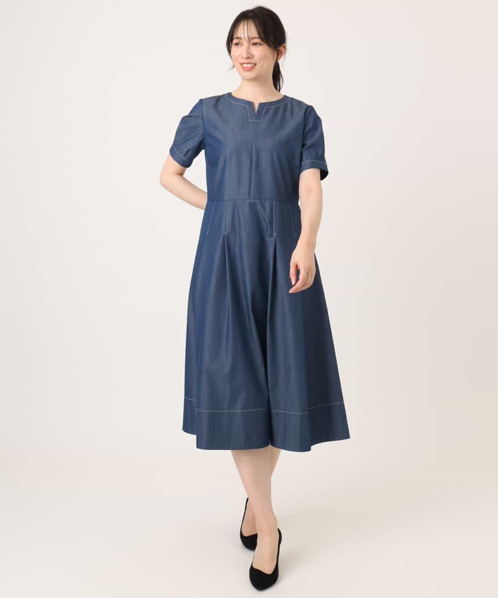 FIEGD24110 OFUON le MK(オフオン　ル　エムケー) 配色ステッチ デニムライクワンピース/洗濯機で洗える/WEB限定サイズあり ネイビー