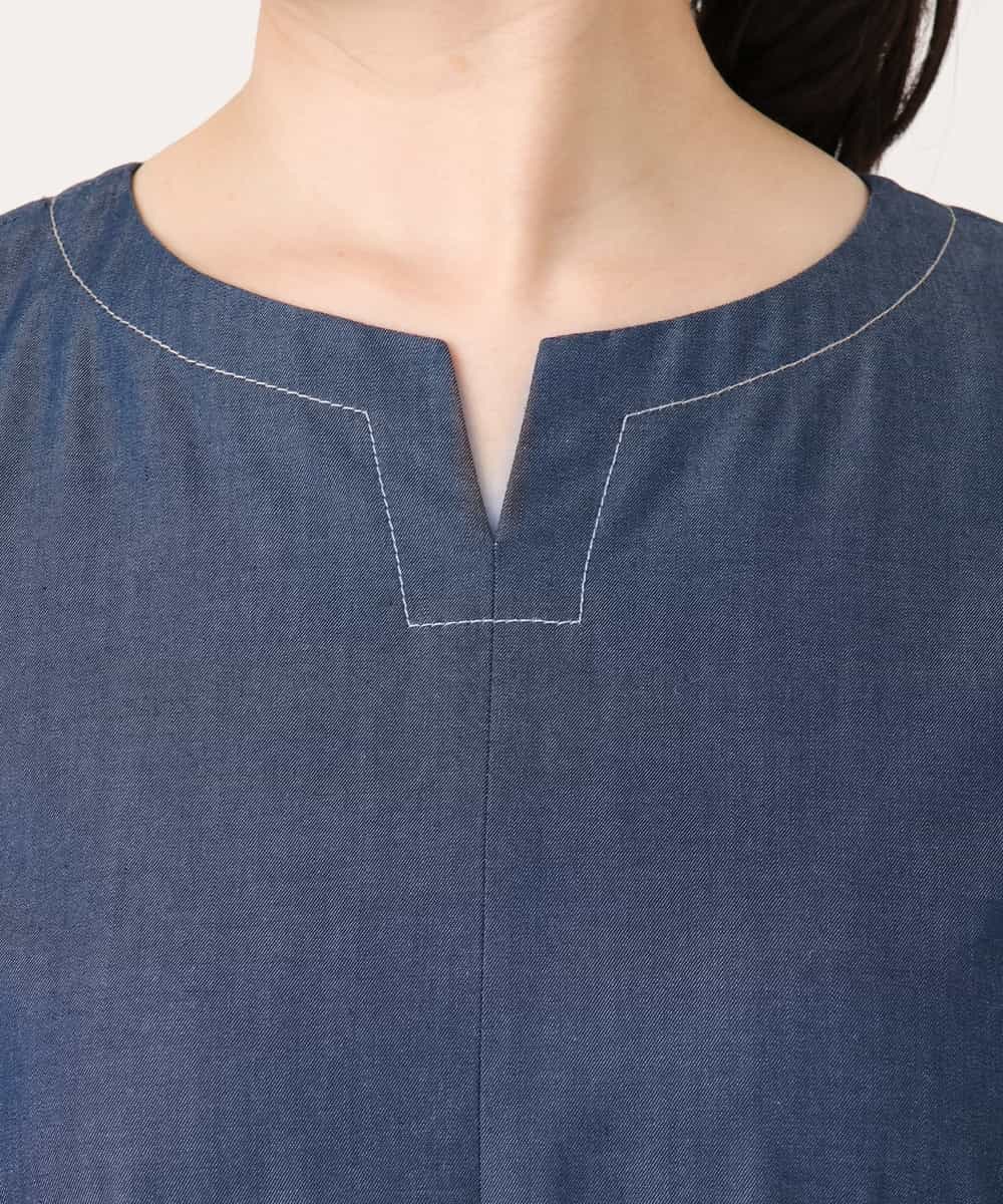 FIEGD24110 OFUON le MK(オフオン　ル　エムケー) 配色ステッチ デニムライクワンピース/洗濯機で洗える/WEB限定サイズあり ネイビー