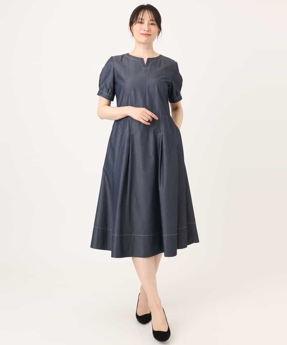 FIEGD24110 OFUON le MK(オフオン　ル　エムケー) 配色ステッチ デニムライクワンピース/洗濯機で洗える/WEB限定サイズあり ネイビー
