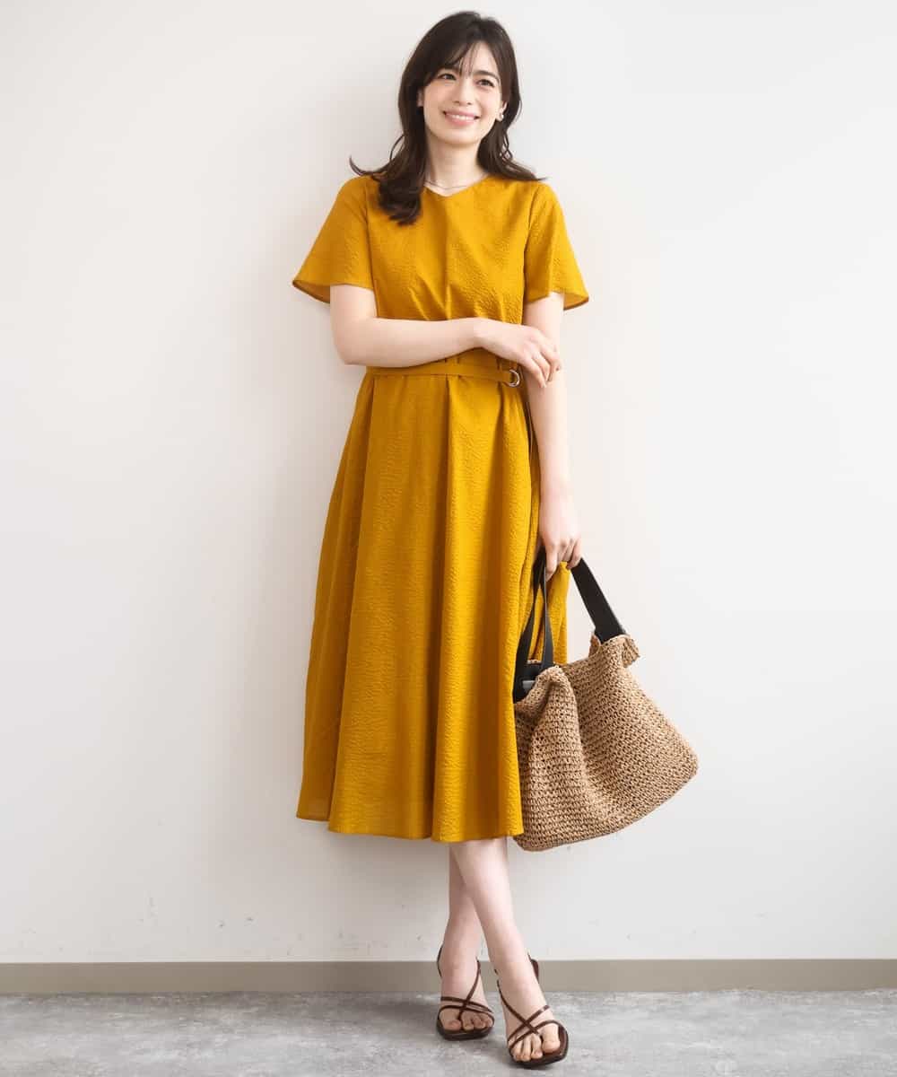 FIEGD44110 OFUON le MK(オフオン　ル　エムケー) VネックAラインシルエットワンピース/洗える/WEB限定カラーサイズあり イエローオレンジ