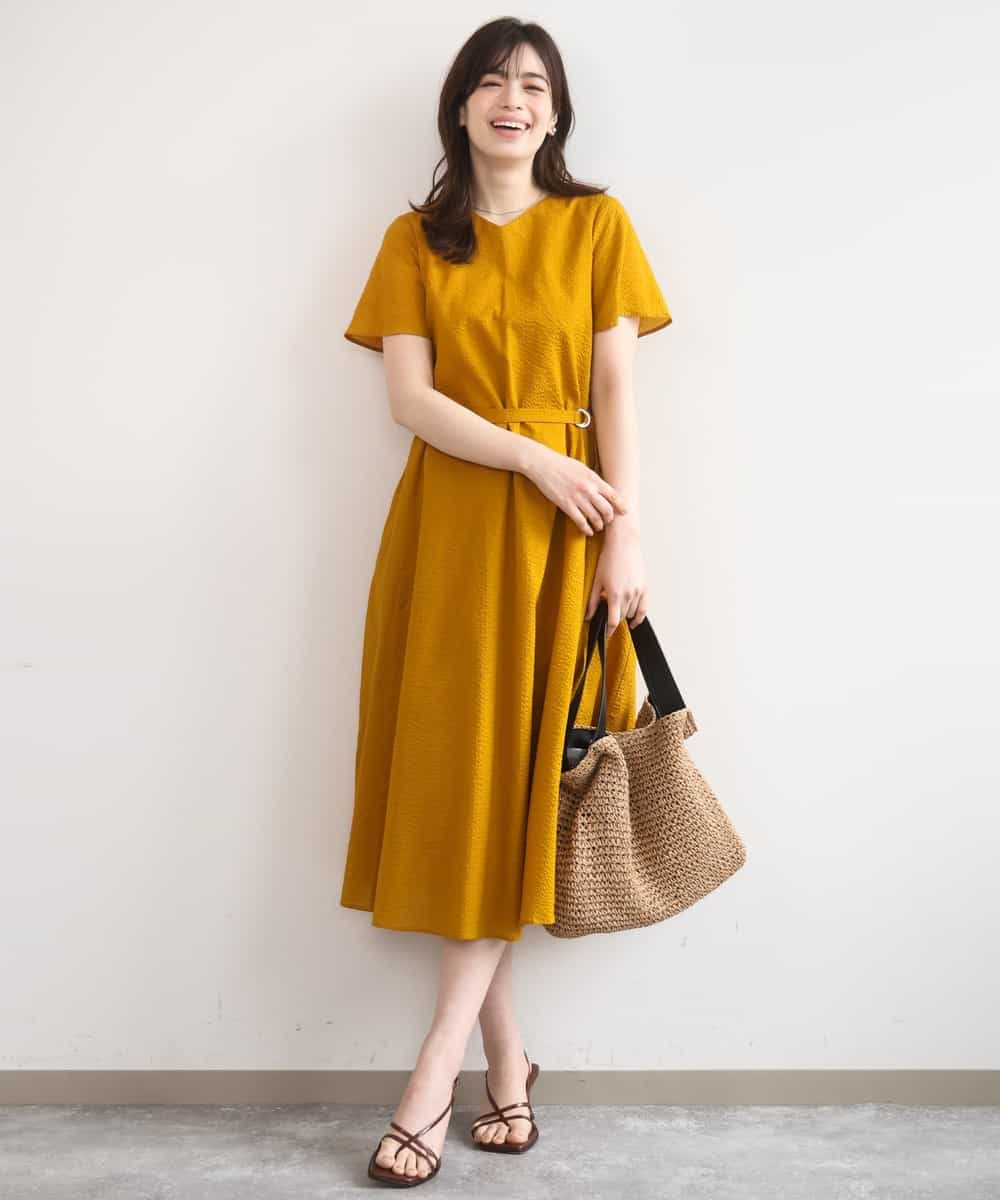 FIEGD44110 OFUON le MK(オフオン　ル　エムケー) VネックAラインシルエットワンピース/洗える/WEB限定カラーサイズあり イエローオレンジ