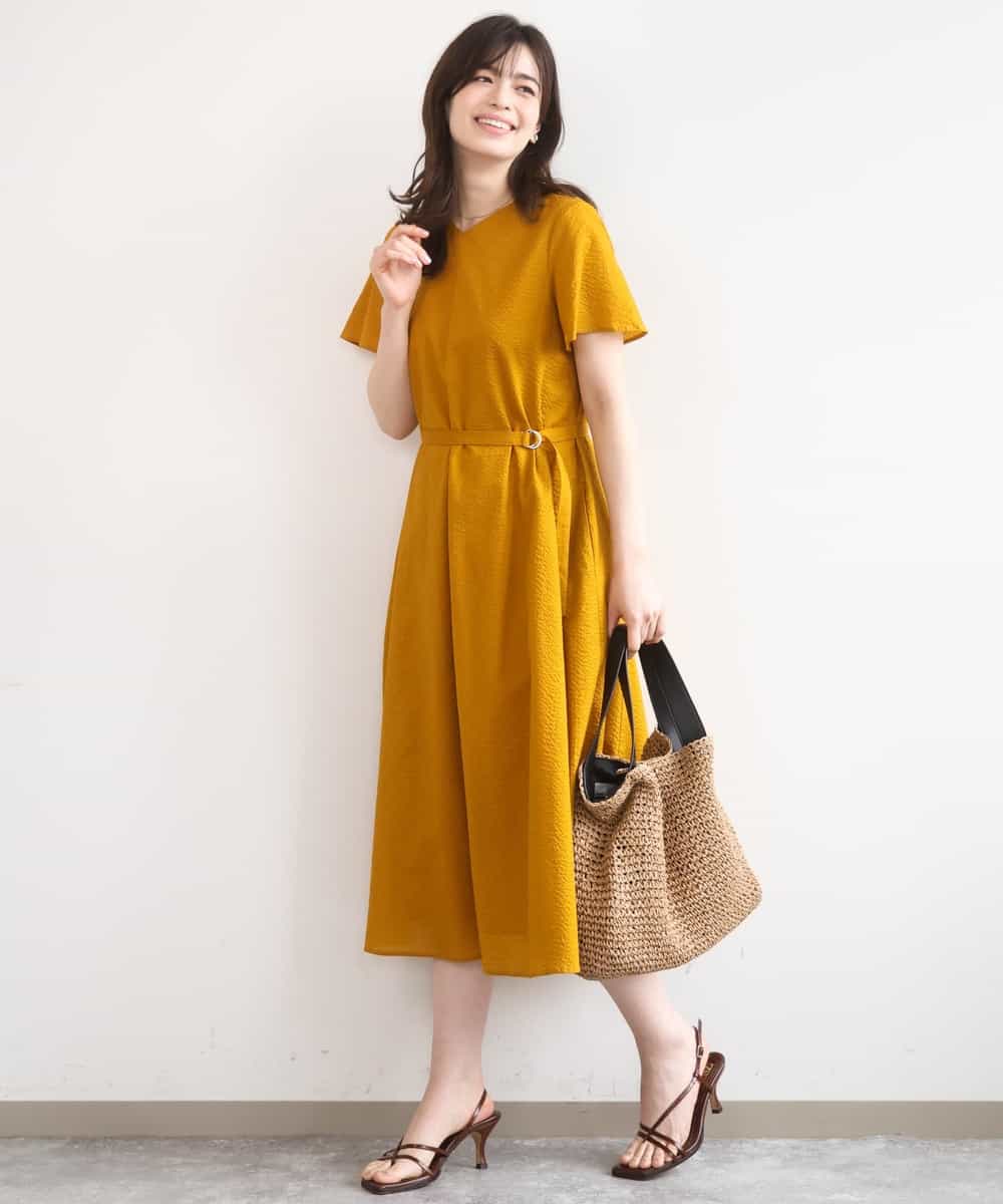 FIEGD44110 OFUON le MK(オフオン　ル　エムケー) VネックAラインシルエットワンピース/洗える/WEB限定カラーサイズあり イエローオレンジ