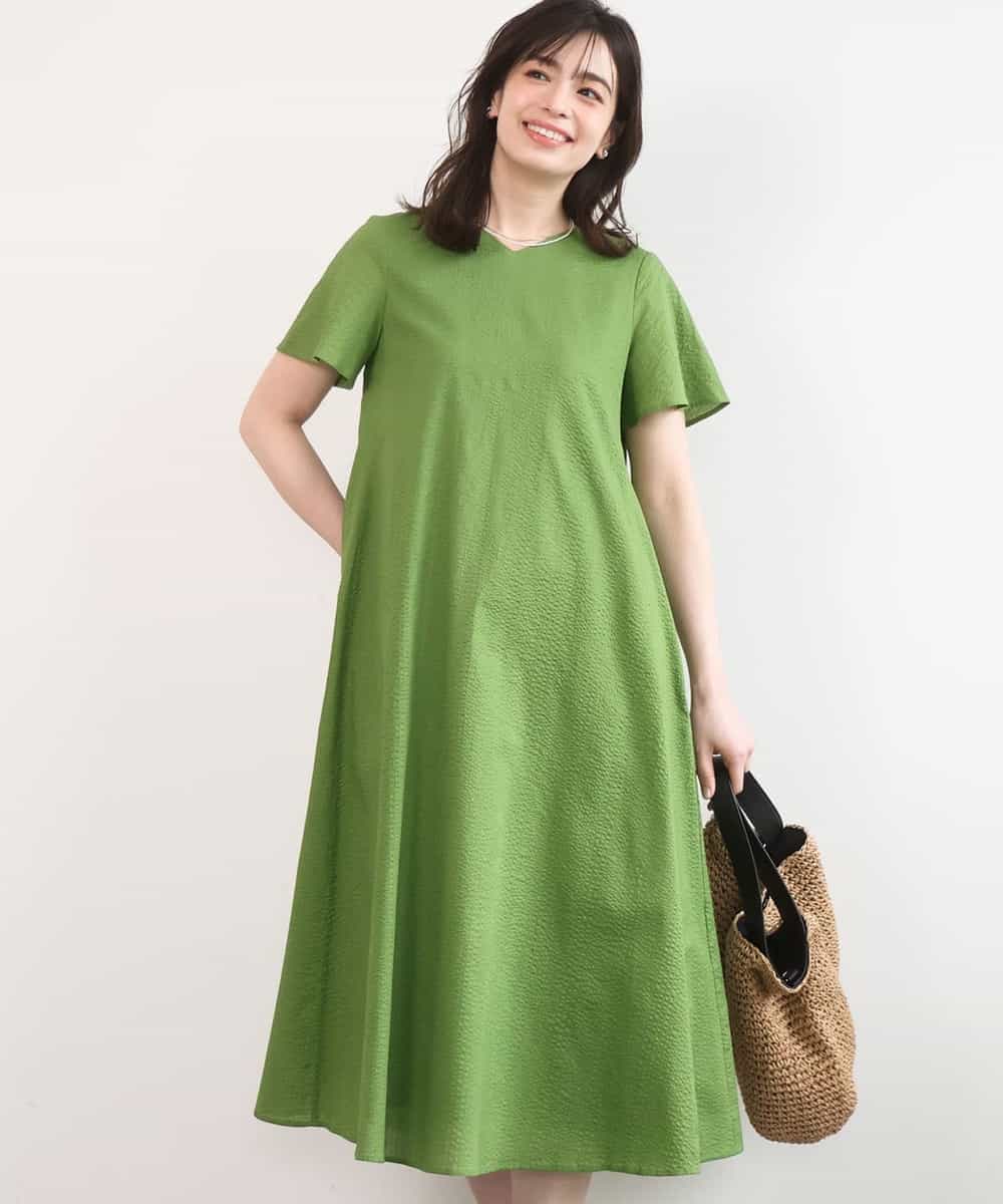 FIEGD44110 OFUON le MK(オフオン　ル　エムケー) VネックAラインシルエットワンピース/洗える/WEB限定カラーサイズあり グリーン