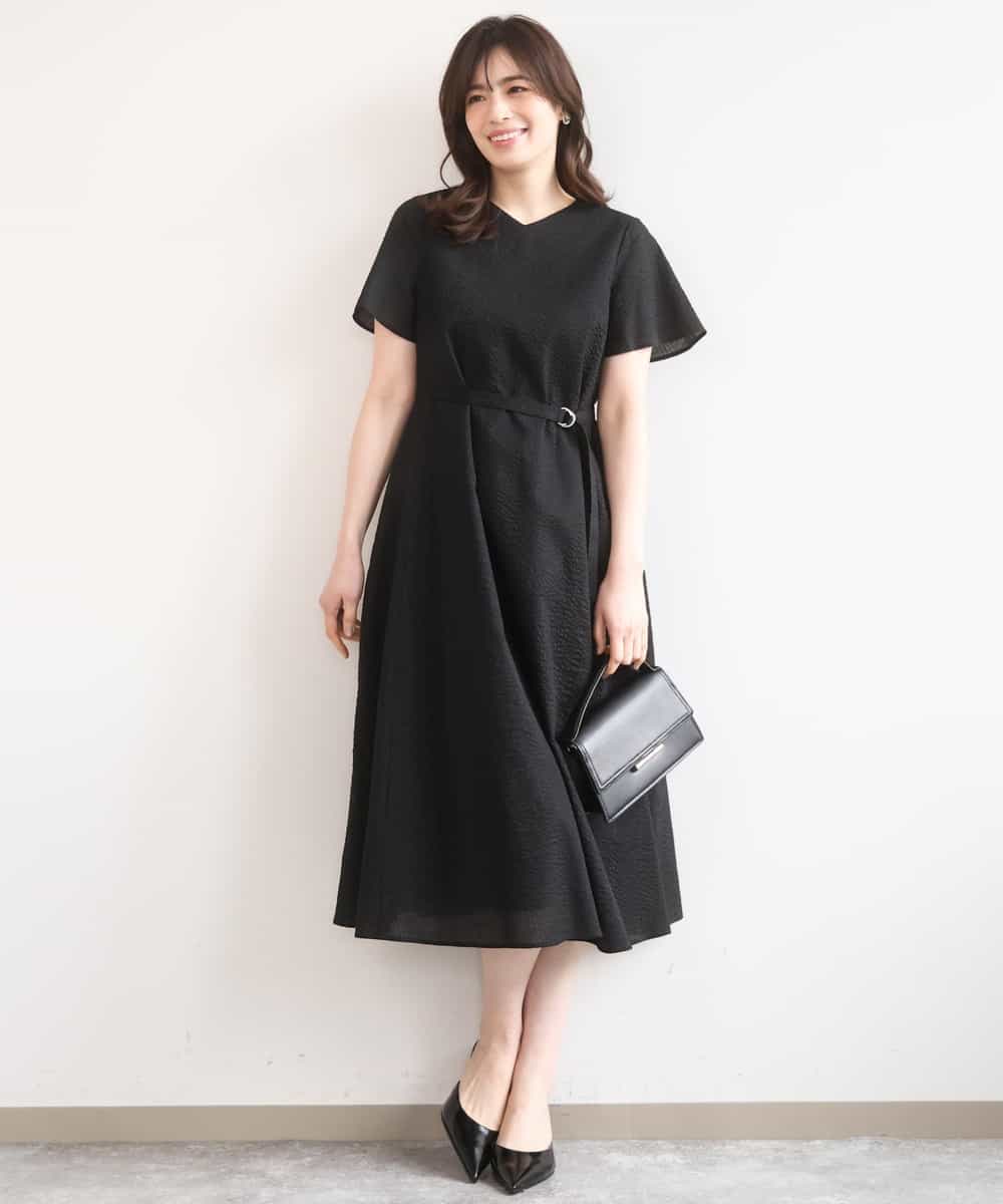 FIEGD44110 OFUON le MK(オフオン　ル　エムケー) VネックAラインシルエットワンピース/洗える/WEB限定カラーサイズあり ブラック