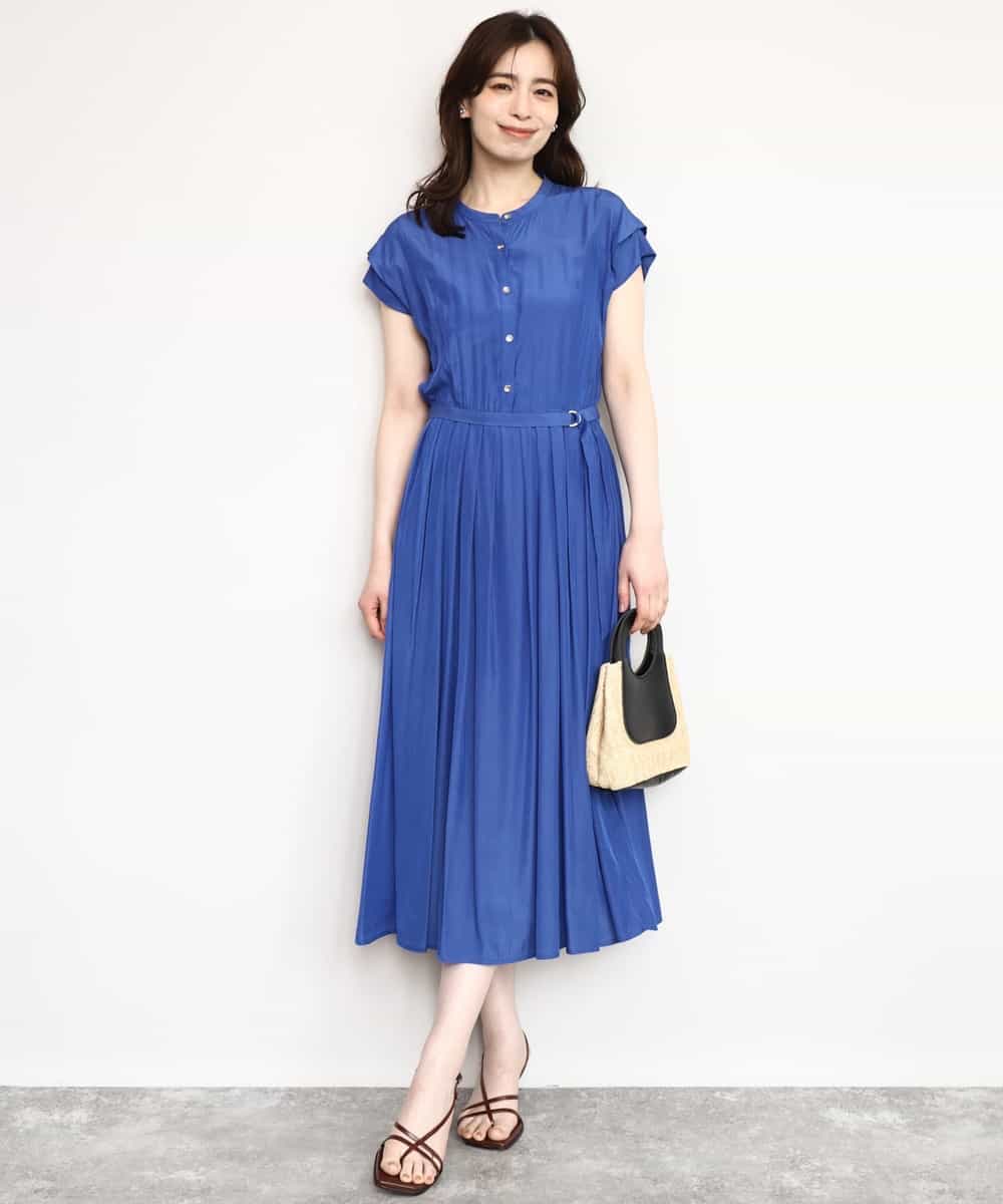 FIEGD52110 OFUON le MK(オフオン　ル　エムケー) フロントボタンベルト付きワンピース/洗える/WEB限定 ブルー