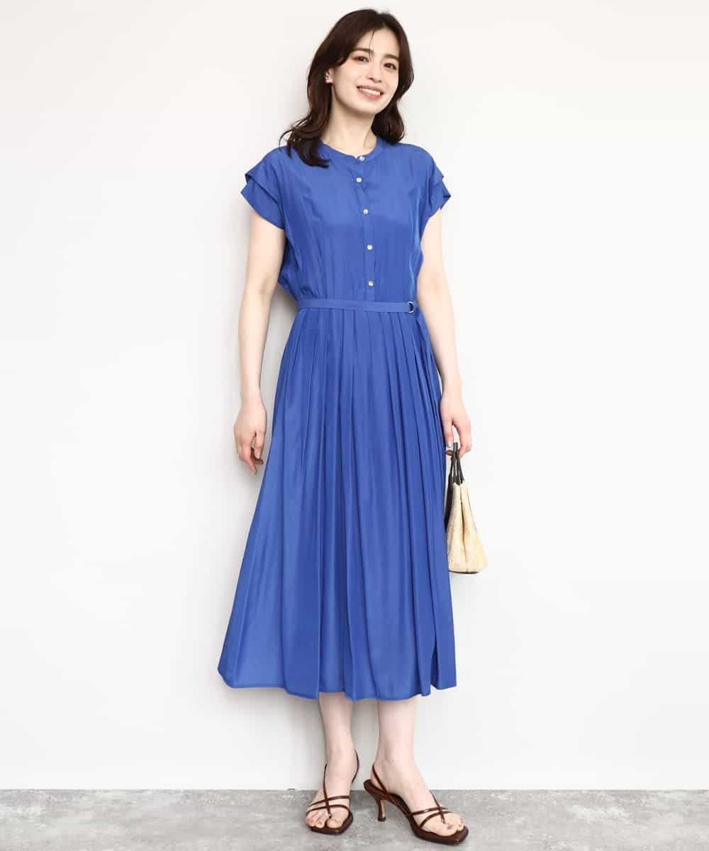 FIEGD52110 OFUON le MK(オフオン　ル　エムケー) フロントボタンベルト付きワンピース/洗える/WEB限定 ブルー