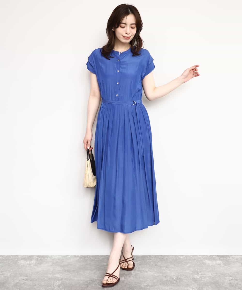 FIEGD52110 OFUON le MK(オフオン　ル　エムケー) フロントボタンベルト付きワンピース/洗える/WEB限定 ブルー