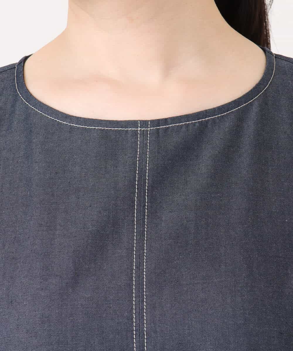 FIEJA08110 OFUON le MK(オフオン　ル　エムケー) 配色ステッチデニムライクワンピース/UVカット/洗える/WEB限定サイズあり ネイビー