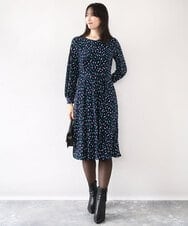 FIEJA40100 OFUON le MK(オフオン　ル　エムケー) 総柄ウエスト切り替えワンピース/洗える/WEB限定サイズあり ネイビー