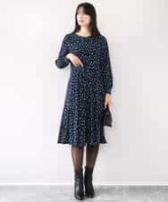 FIEJA40100 OFUON le MK(オフオン　ル　エムケー) 総柄ウエスト切り替えワンピース/洗える/WEB限定サイズあり ブルー