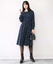 FIEJA40100 OFUON le MK(オフオン　ル　エムケー) 総柄ウエスト切り替えワンピース/洗える/WEB限定サイズあり ブルー