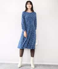 FIEJA40100 OFUON le MK(オフオン　ル　エムケー) 総柄ウエスト切り替えワンピース/洗える/WEB限定サイズあり ブルー