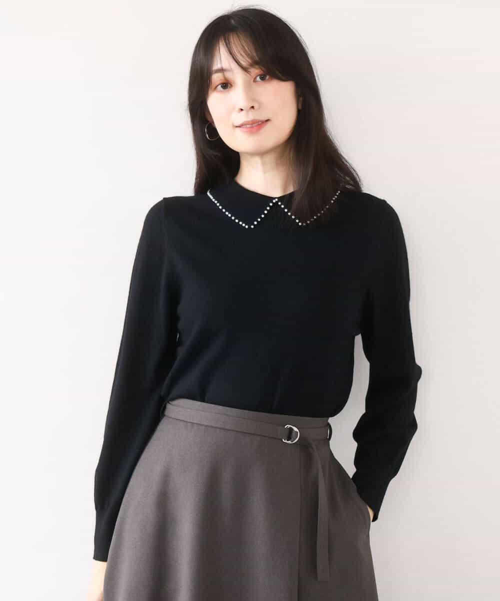 FIFDD04080 OFUON le MK(オフオン ル エムケー) パール調ビーズ衿付きハイゲージニット/洗える ホワイト