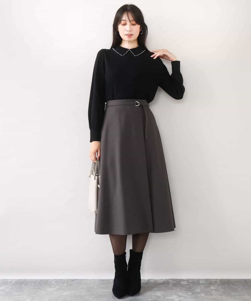 FIFDD04080 OFUON le MK(オフオン ル エムケー) パール調ビーズ衿付きハイゲージニット/洗える ホワイト