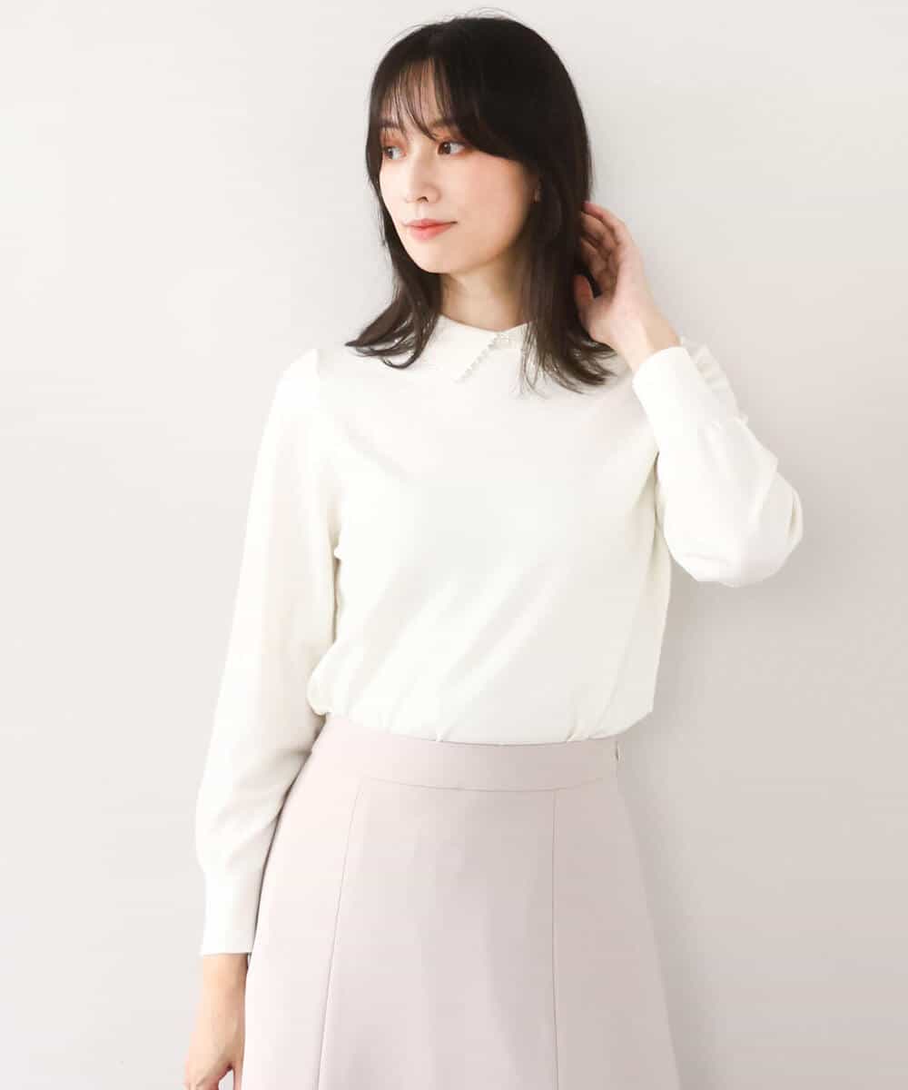 FIFDD04080 OFUON le MK(オフオン ル エムケー) パール調ビーズ衿付きハイゲージニット/洗える ホワイト