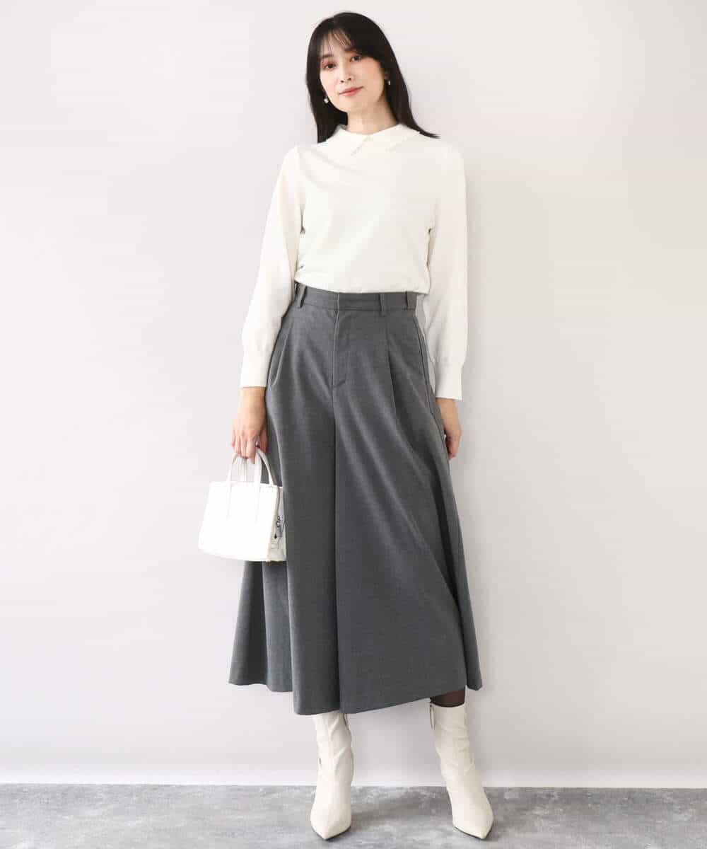 FIFDD04080 OFUON le MK(オフオン ル エムケー) パール調ビーズ衿付きハイゲージニット/洗える ホワイト