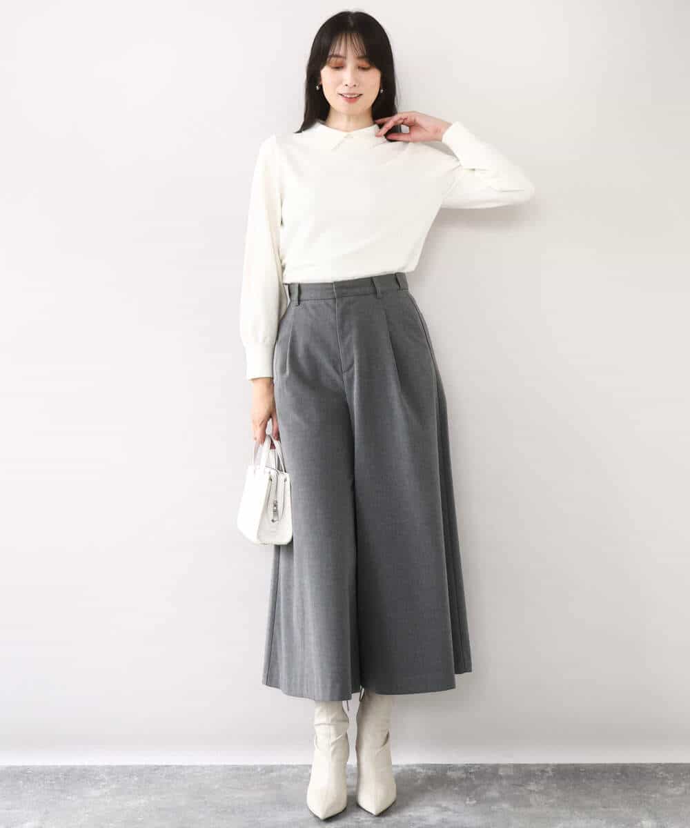 FIFDD04080 OFUON le MK(オフオン ル エムケー) パール調ビーズ衿付きハイゲージニット/洗える ホワイト