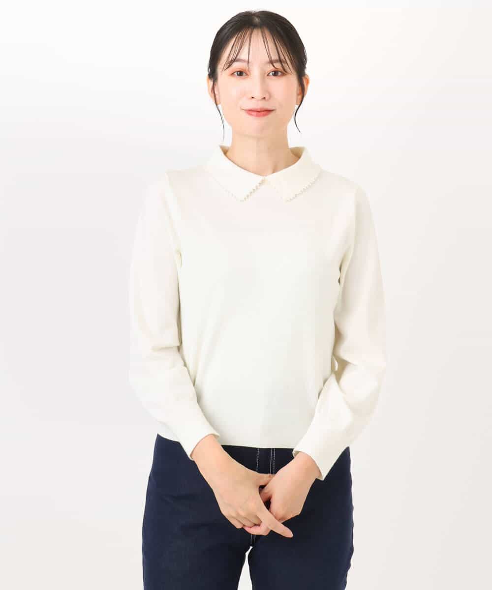 FIFDD04080 OFUON le MK(オフオン ル エムケー) パール調ビーズ衿付きハイゲージニット/洗える ホワイト