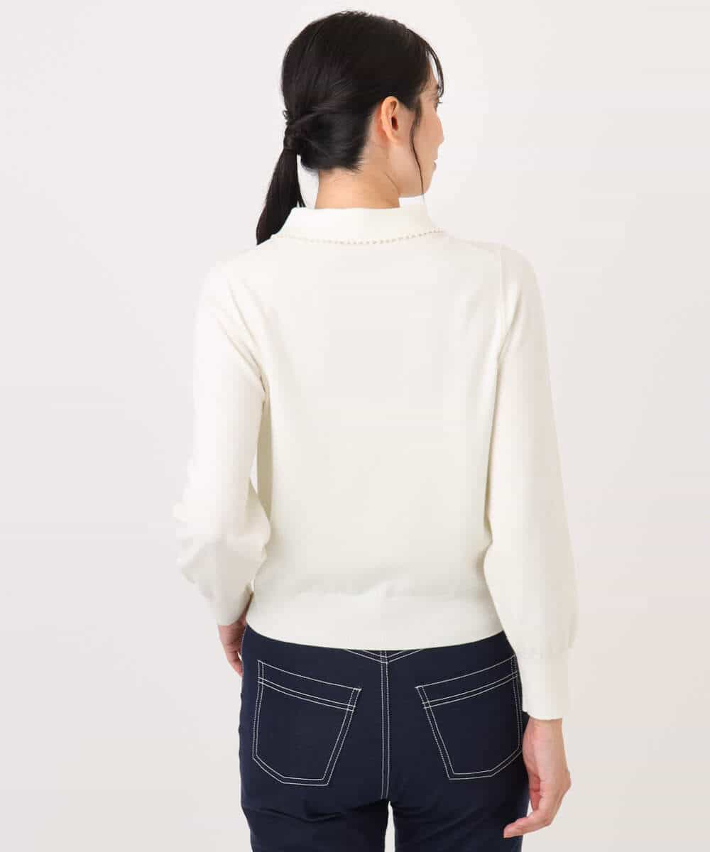 FIFDD04080 OFUON le MK(オフオン ル エムケー) パール調ビーズ衿付きハイゲージニット/洗える ホワイト