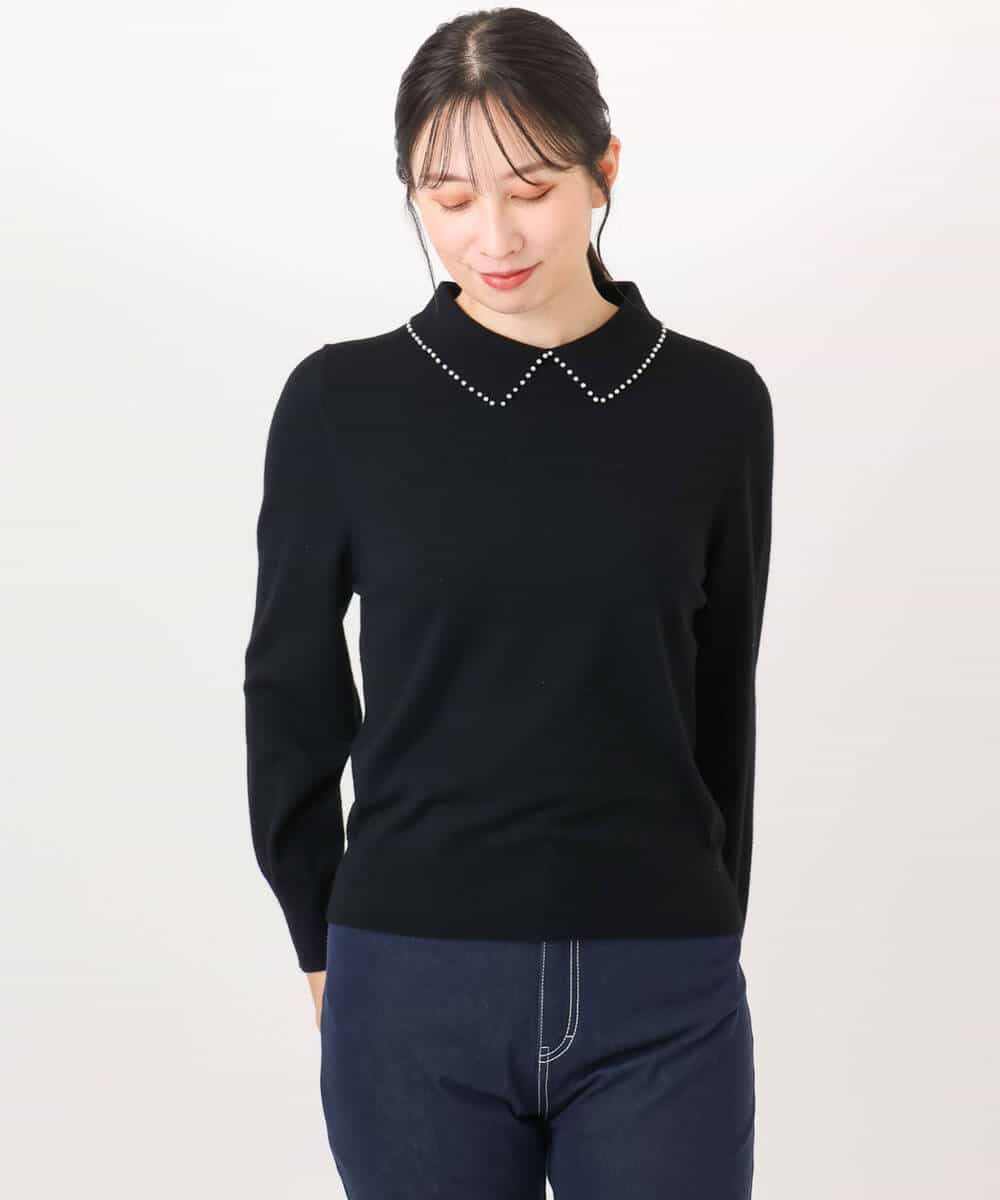 FIFDD04080 OFUON le MK(オフオン ル エムケー) パール調ビーズ衿付きハイゲージニット/洗える ホワイト