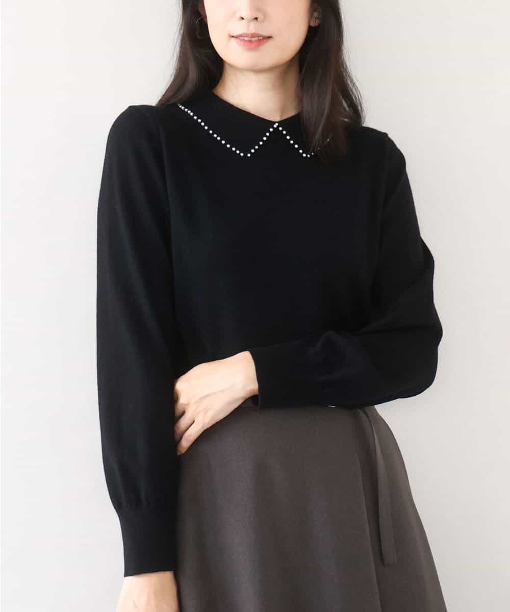 FIFDD04080 OFUON le MK(オフオン ル エムケー) パール調ビーズ衿付きハイゲージニット/洗える ブラック