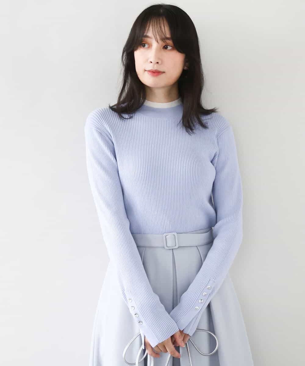 FIFDD05080 OFUON le MK(オフオン ル エムケー) シアー切替えモックネックリブニット/洗える/WEB限定サイズあり グレイッシュブルー