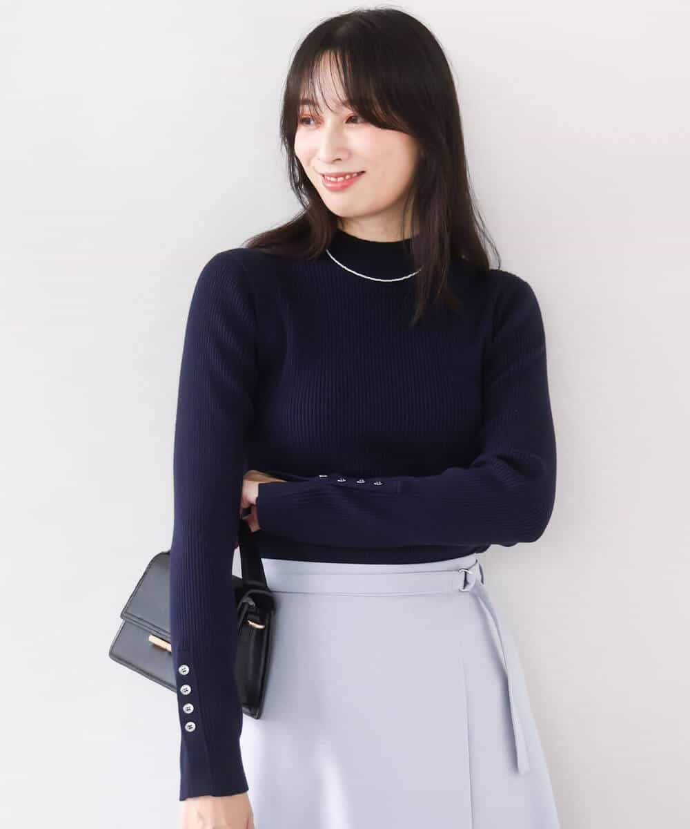 FIFDD05080 OFUON le MK(オフオン ル エムケー) シアー切替えモックネックリブニット/洗える/WEB限定サイズあり グレイッシュブルー