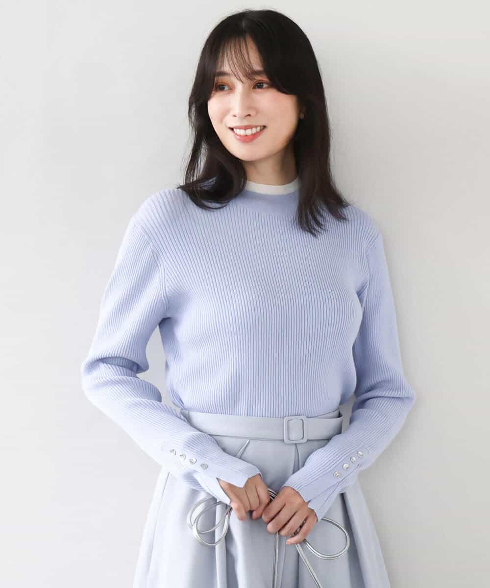 FIFDD05080 OFUON le MK(オフオン ル エムケー) シアー切替えモックネックリブニット/洗える/WEB限定サイズあり グレイッシュブルー