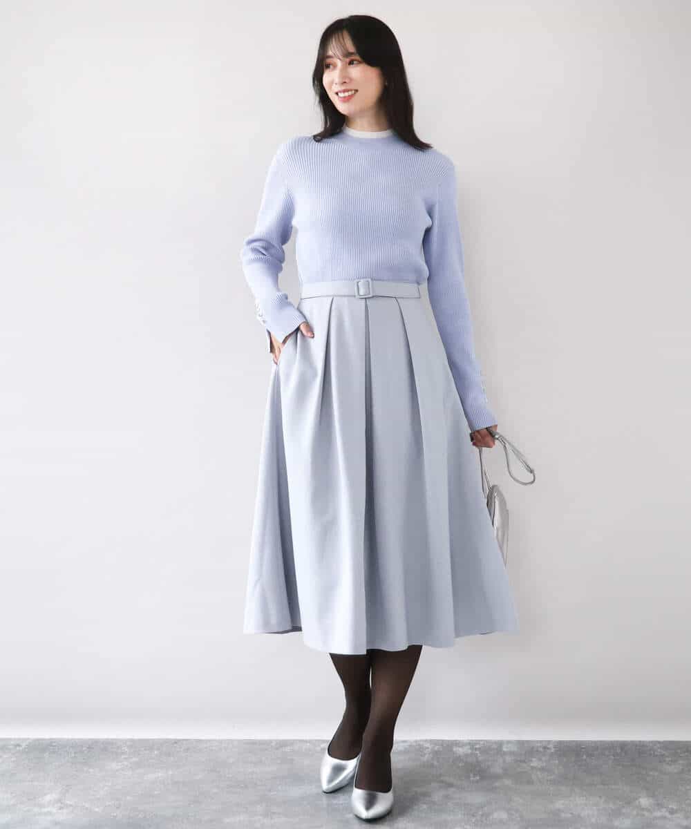 FIFDD05080 OFUON le MK(オフオン ル エムケー) シアー切替えモックネックリブニット/洗える/WEB限定サイズあり グレイッシュブルー