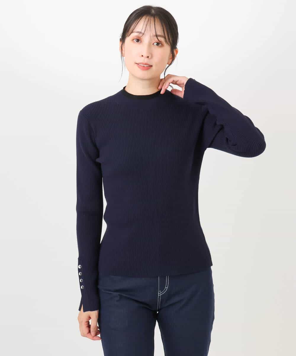 FIFDD05080 OFUON le MK(オフオン ル エムケー) シアー切替えモックネックリブニット/洗える/WEB限定サイズあり グレイッシュブルー