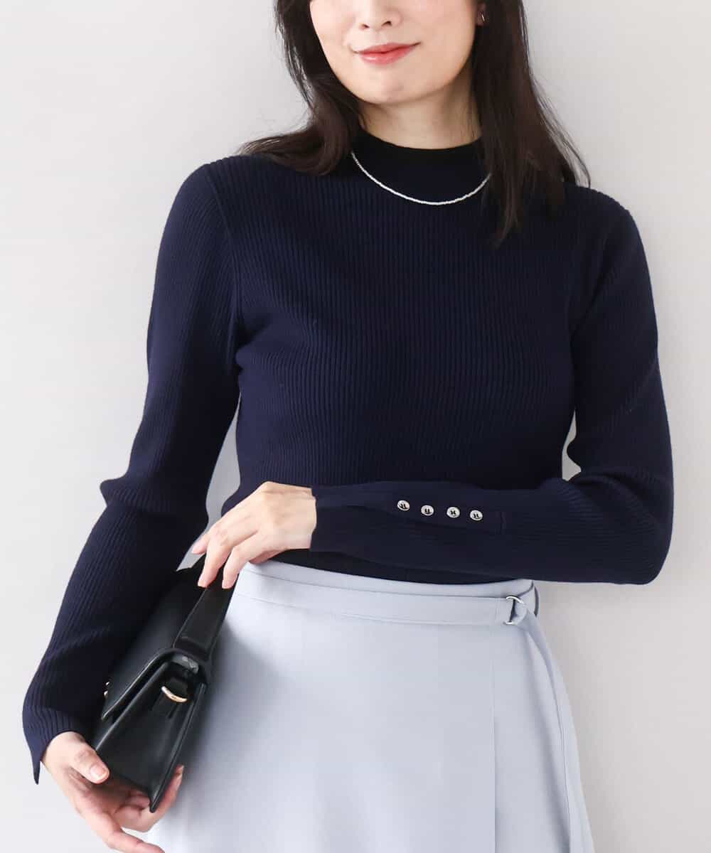 FIFDD05080 OFUON le MK(オフオン ル エムケー) シアー切替えモックネックリブニット/洗える/WEB限定サイズあり ネイビー