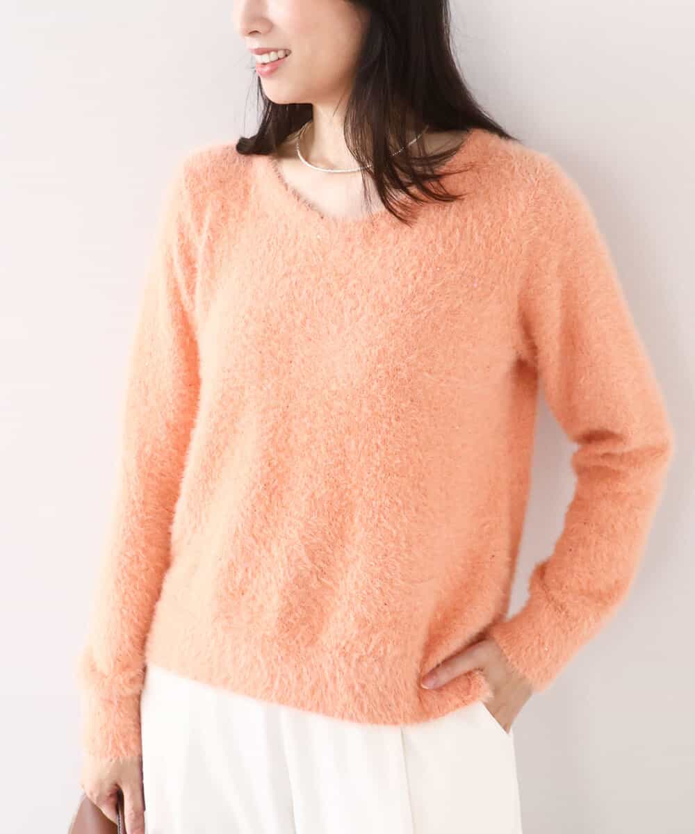 FIFDD08070 OFUON le MK(オフオン ル エムケー) ミニスパンコールシャギーニット/洗える/WEB限定サイズあり オレンジ