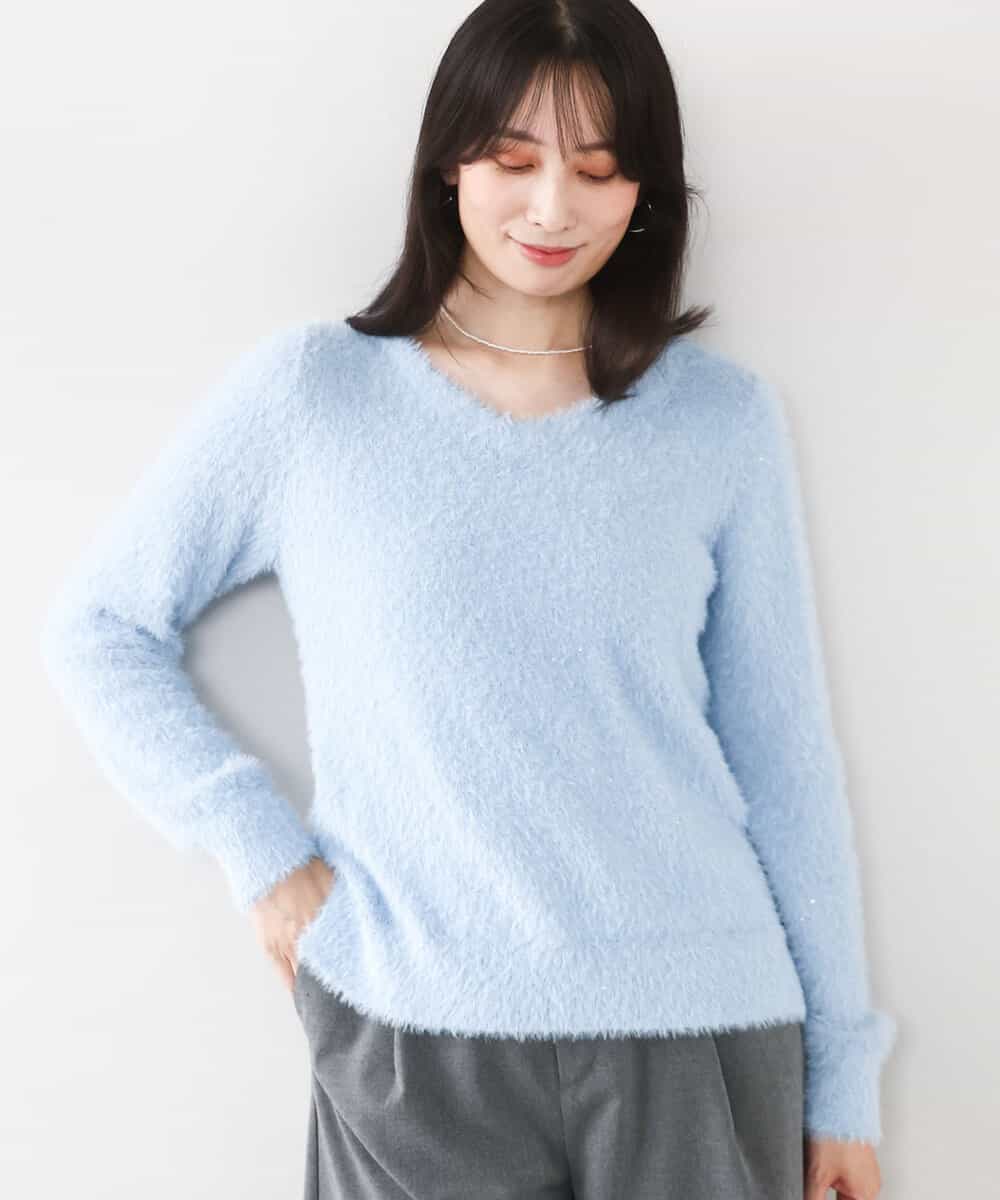 FIFDD08070 OFUON le MK(オフオン ル エムケー) ミニスパンコールシャギーニット/洗える/WEB限定サイズあり ライトブルー