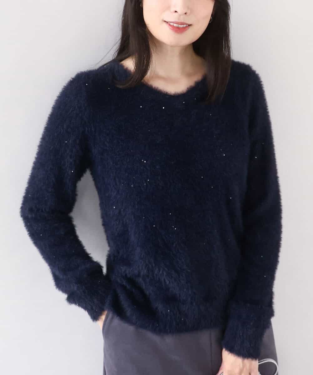 FIFDD08070 OFUON le MK(オフオン ル エムケー) ミニスパンコールシャギーニット/洗える/WEB限定サイズあり ネイビー