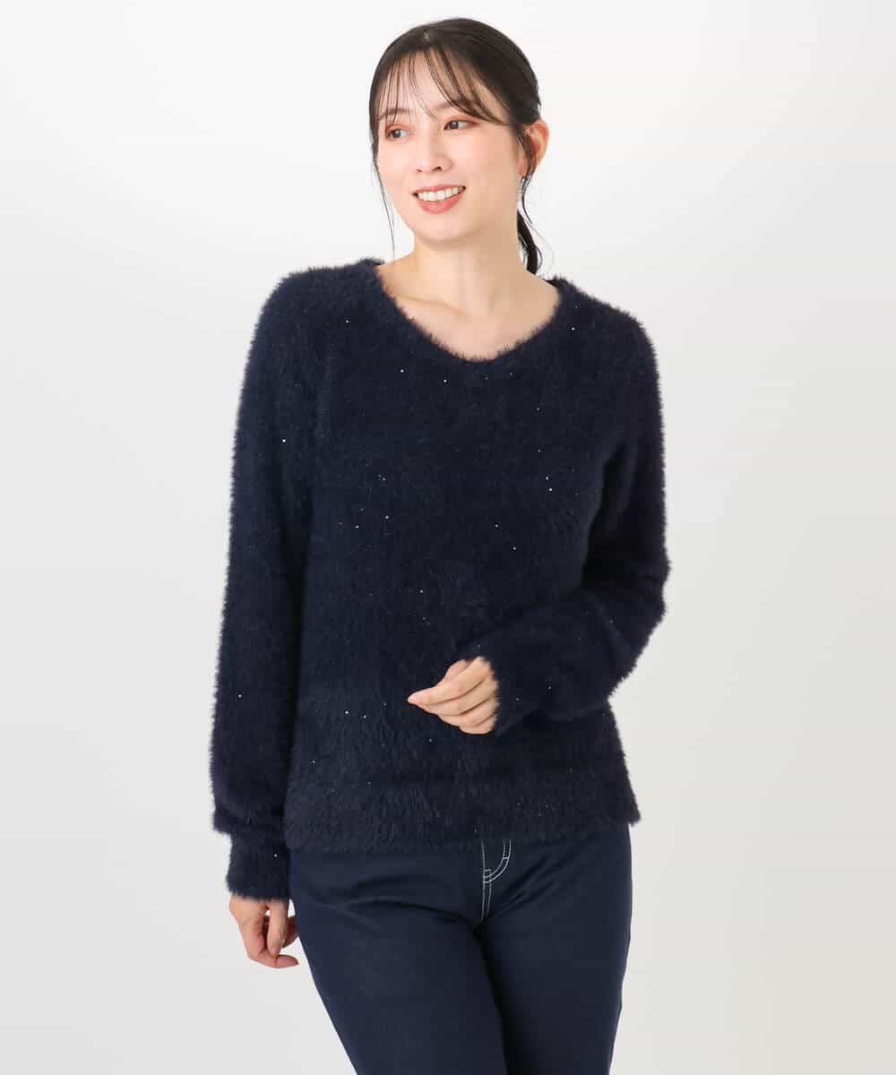 FIFDD08070 OFUON le MK(オフオン ル エムケー) ミニスパンコールシャギーニット/洗える/WEB限定サイズあり ネイビー