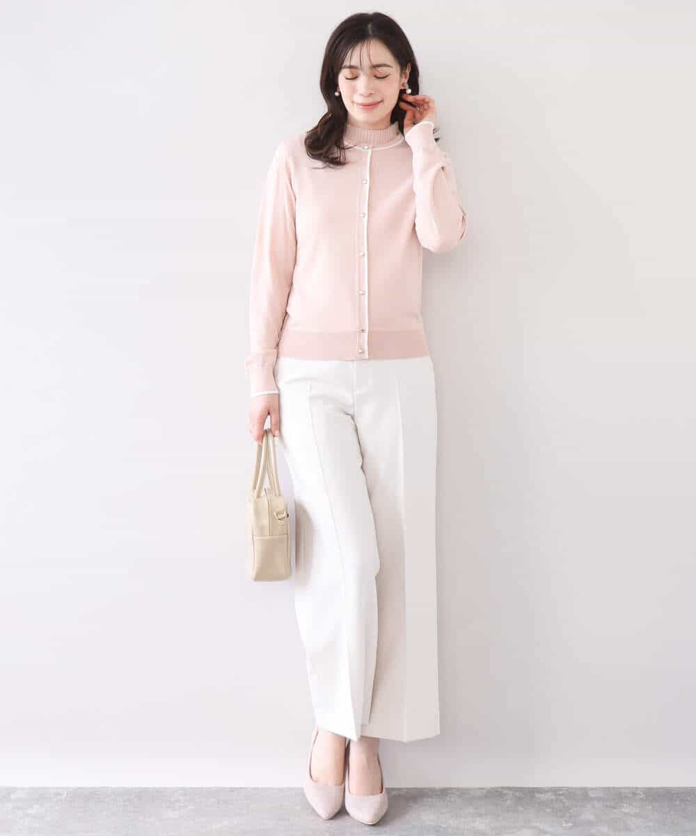 FIFFD03100 OFUON le MK(オフオン　ル　エムケー) 配色ラインアンサンブル（カーディガン&ニットプルオーバー）/UVカット/洗える/WEB限定サイズあり ライトピンク