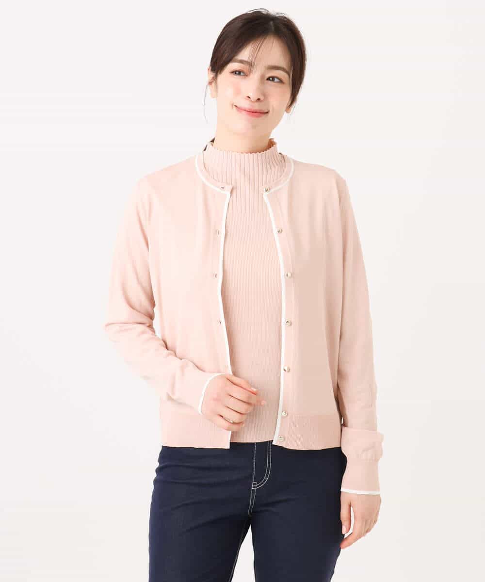 FIFFD03100 OFUON le MK(オフオン　ル　エムケー) 配色ラインアンサンブル（カーディガン&ニットプルオーバー）/UVカット/洗える/WEB限定サイズあり ライトピンク